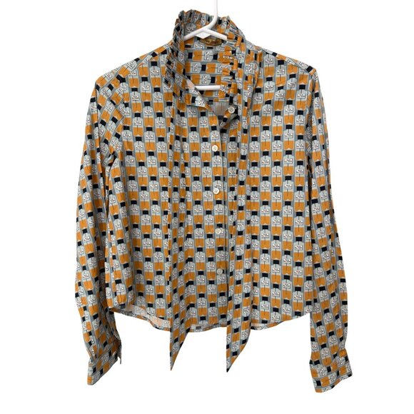 Peter Jensen Eau De Peter Jensen Print Tie Neck Shirt Women S Button Front Retro - Picture 1 of 10